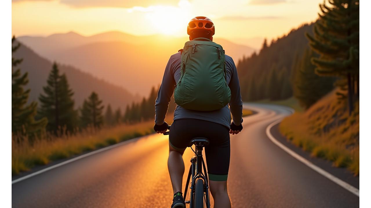 Cyclist with fully loaded touring backpack riding through a scenic mountain road. The backpack appears integrated and comfortable.
