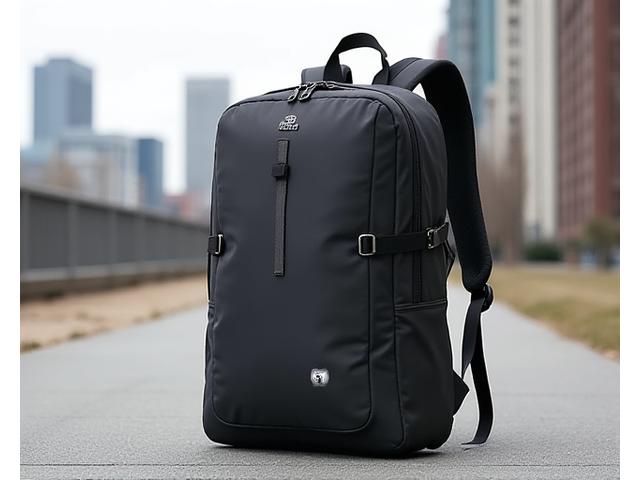 Epic Rides Urban Commuter 20L Backpack in black with reflective accents, standing upright with a sleek design and visible laptop compartment
