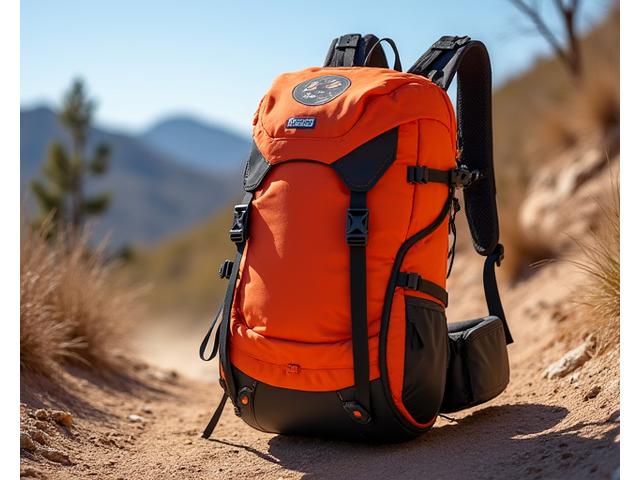 Epic Rides Trailblazer 40L Mountain Touring Pack, a vibrant orange backpack against a rugged trail with bike components
