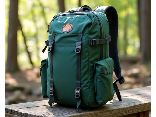Epic Rides Wayfinder 30L Touring Backpack in forest green, viewed from the side, showing side pockets and gear loops