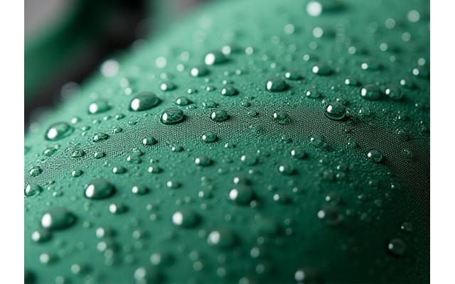 Close-up of water beading off a waterproof backpack fabric, showing durable and water-repellent coating