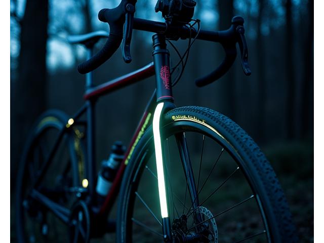 Bright reflective tape strips applied to a touring bike's frame, glowing under low light conditions for enhanced visibility.